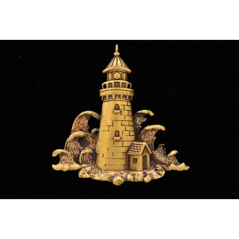 JJ Vintage Lighthouse Pin Brooch Glitter Beach Waves Bronze Signed 1980s BinAH